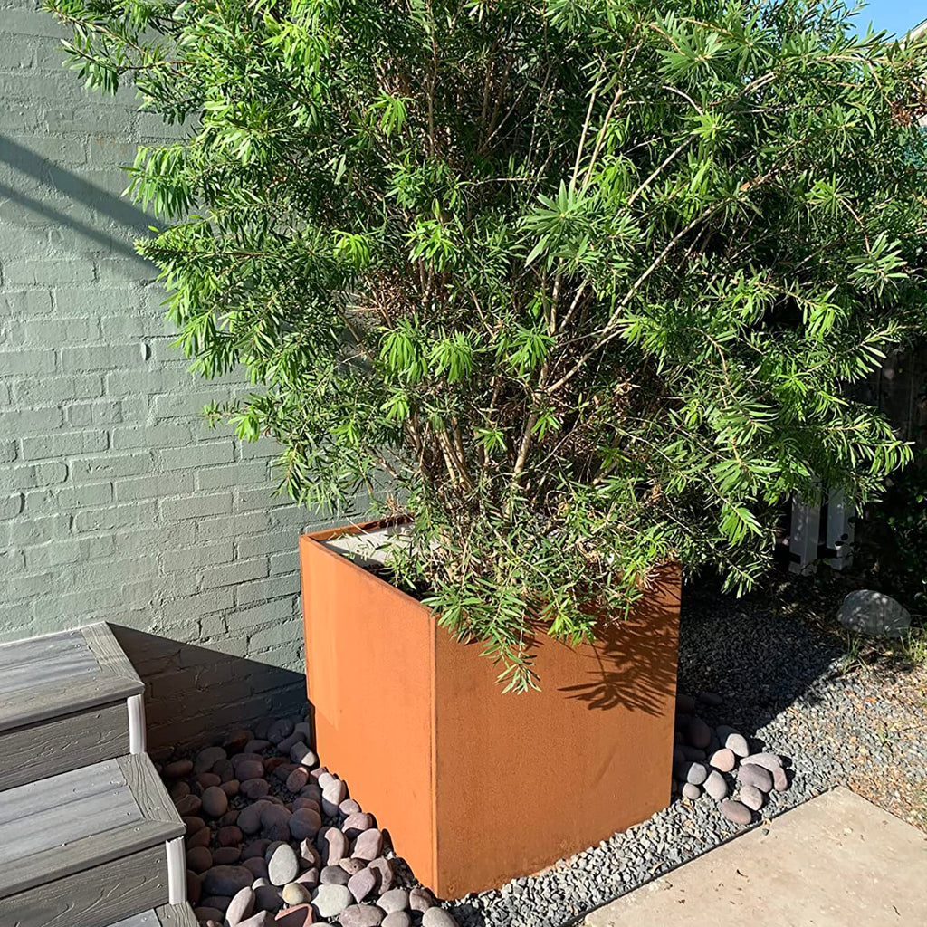 Corten Steel Planter Box Outdoor Planter Metal Square 20 Inch Large Steel Planter Box Rustic Cube Patina Tall Plant