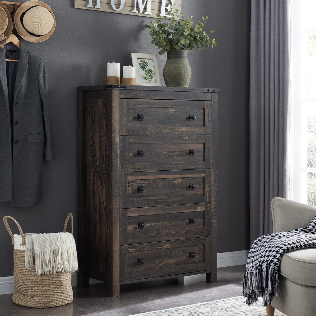 48" Tall Farmhouse 5-Drawer, Dark Rustic Oak