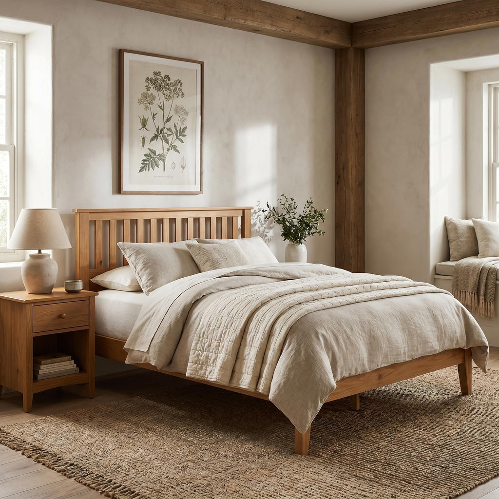 Wood Platform Bed - Pine, Queen, Bed & Mission-Style Headboard