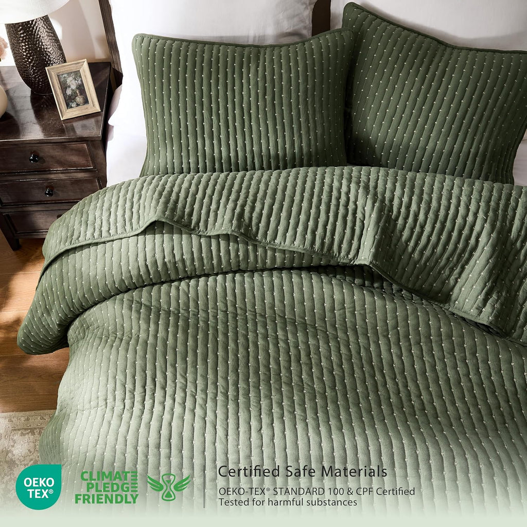 Olive Green Cross Stitch Queen Quilt Set, Striped Lightweight Soft Bedspread, Channel Farmhouse Rustic Coverlet, All