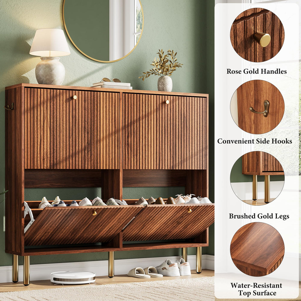 Shoe Storage Cabinet - 4 Flip Drawers Shoe Cabinet with Tiered Fluted Design - Slim Shoe Storage Rack with Gold Legs