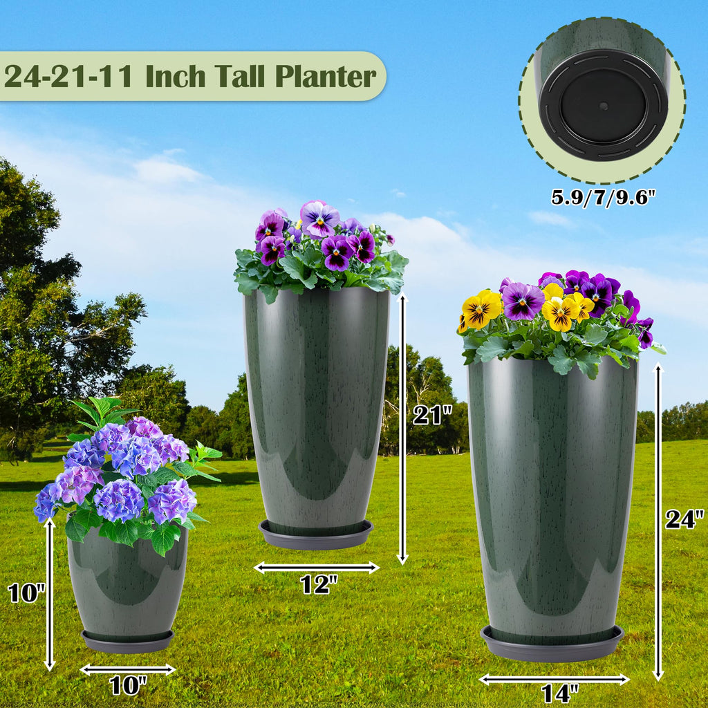 24-21-11 Inch Tall Planters for Outdoor Plants Set of 3 Green