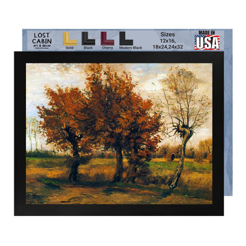 Cabin Autumn Landscape with Four Trees by Vincent Van Gogh | Print in Black Flat Frame | Fine Artwork Painting