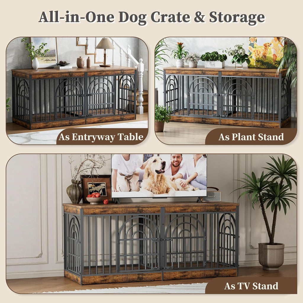 63" Wooden Double Dog Crate Furniture for 1-2 Dogs