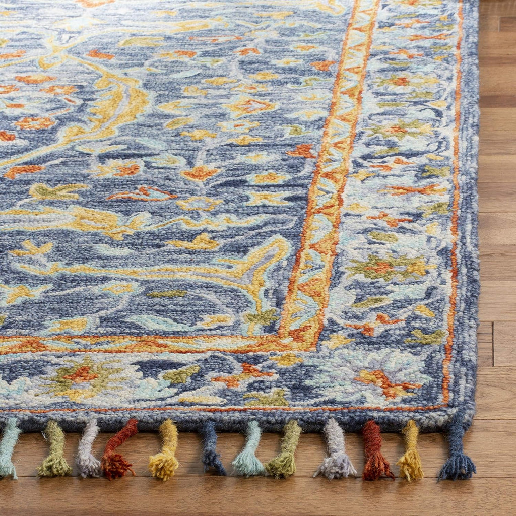 Aspen Area Rug - 9' x 12', Blue & Rust, Handmade Boho Braided Tassel Wool