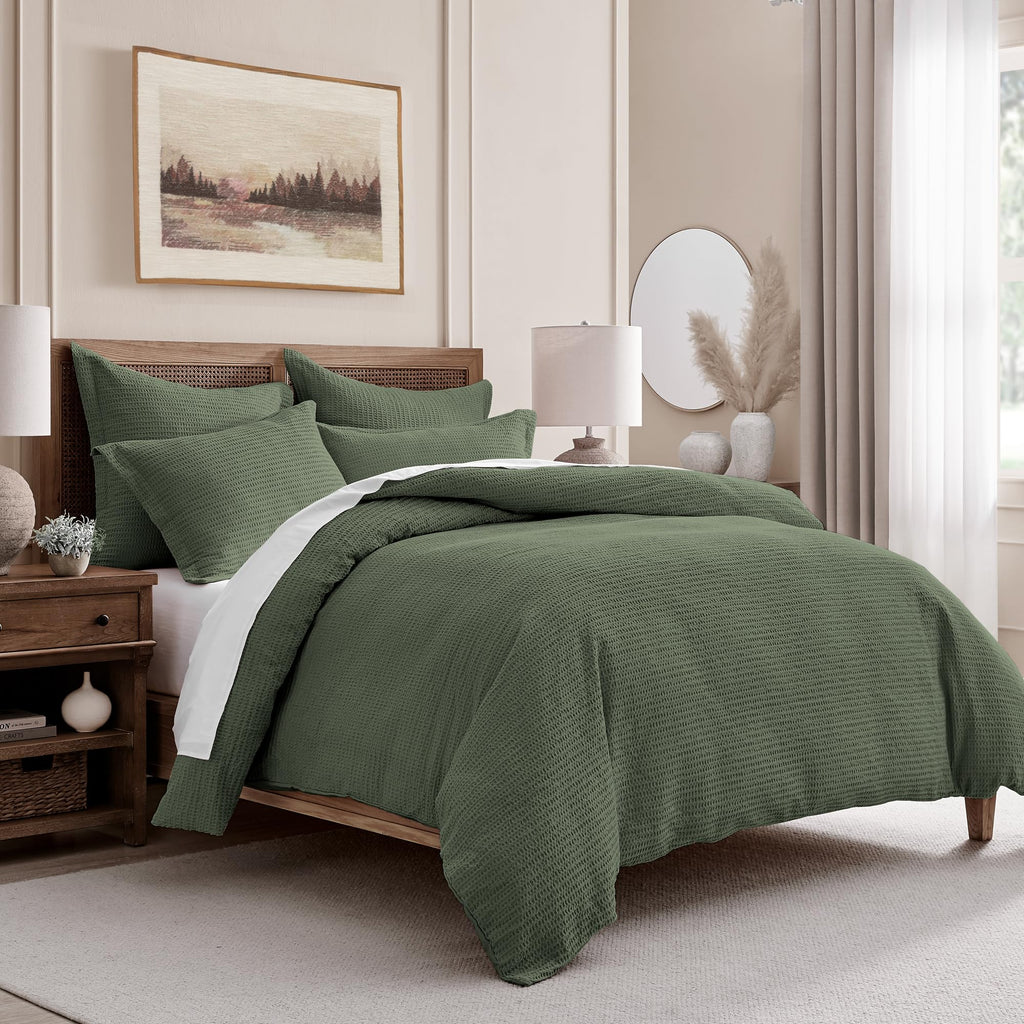 Cloud Waffle Forest Green Duvet Cover Set - Duvet Cover + Two Pillow Cases - Waffle Weave - Forest Green