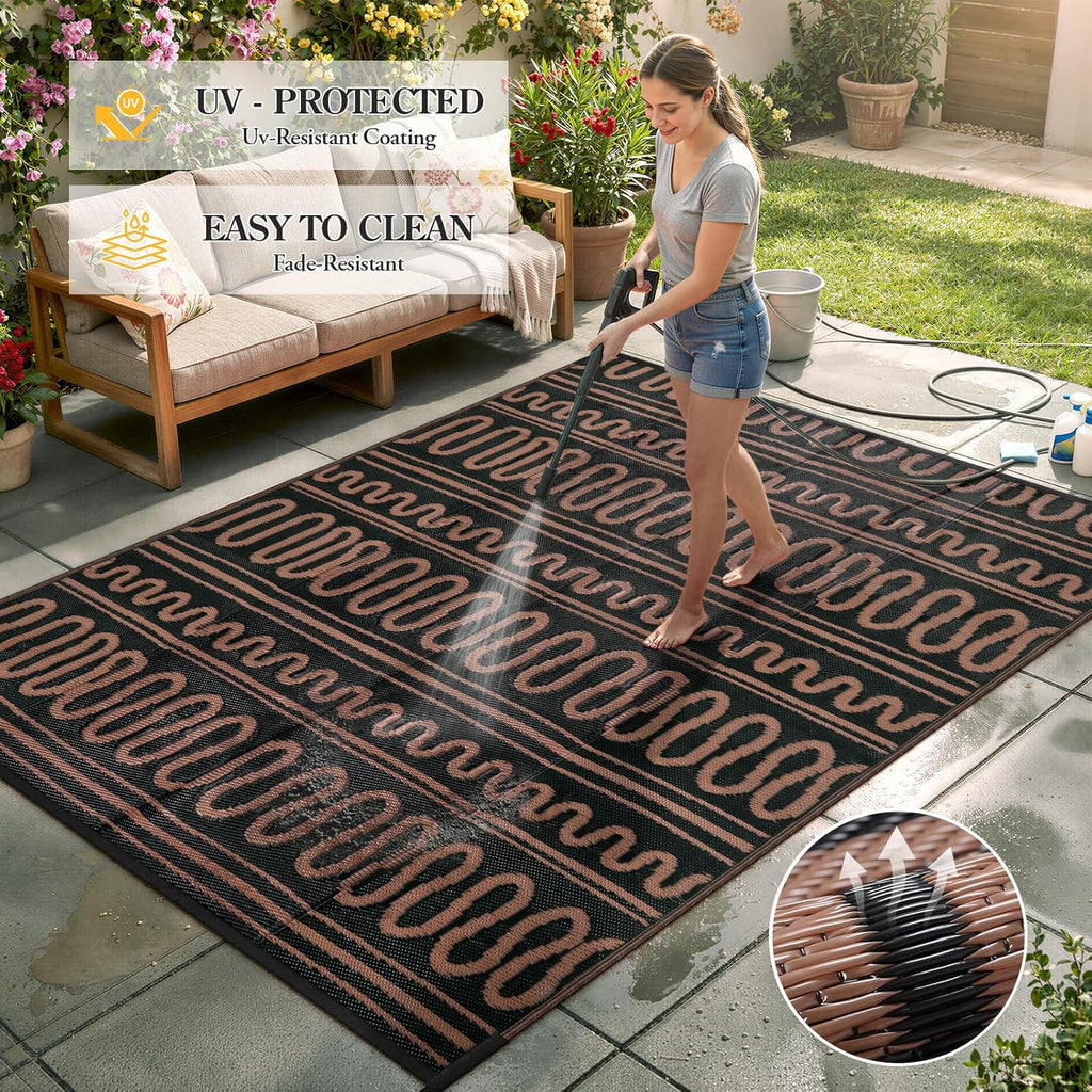 Outdoor Rug Waterproof, Reversible Plastic Straw Rug for Deck, Backyard, RV Camping, Black Brown