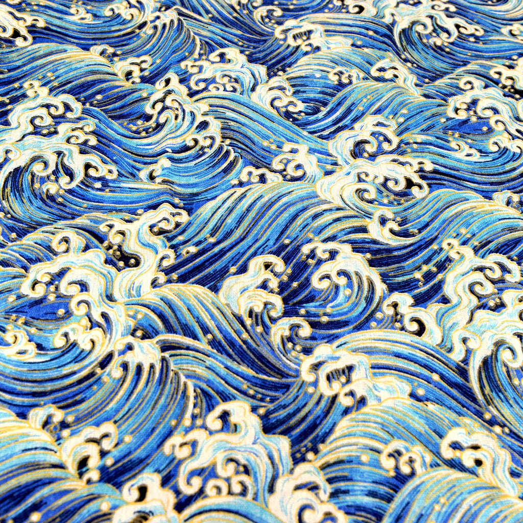 Linen Cotton Printed Fabric Decoration and Crafting By The Meter(Blue Ocean Wave)