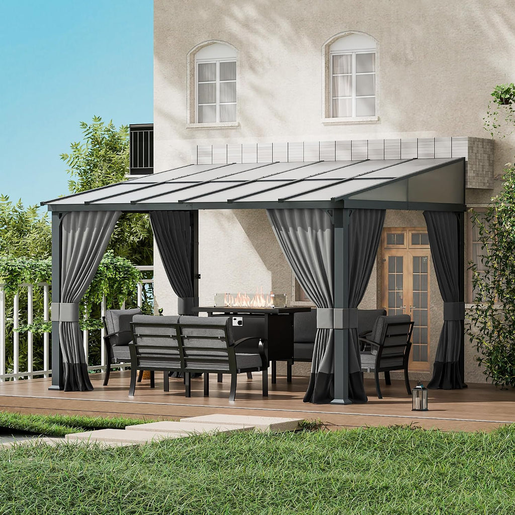 10x12FT Gazebo, Hardtop Wall Mounted Gazebo with Sloping Sun Panel Roof, Awnings with Metal Frame, Double Curtains Sand