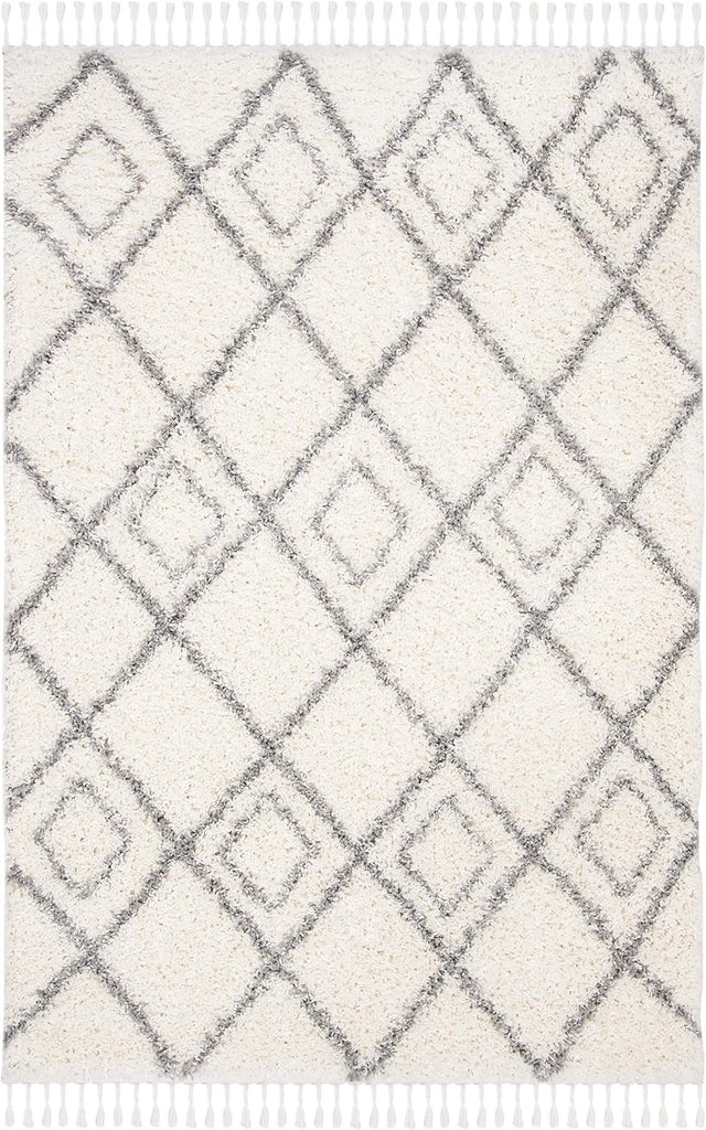 Moroccan Tassel Shag Collection Area Rug, Ivory & Light Grey, Boho, Non-Shedding & Easy Care, 1.5-inch