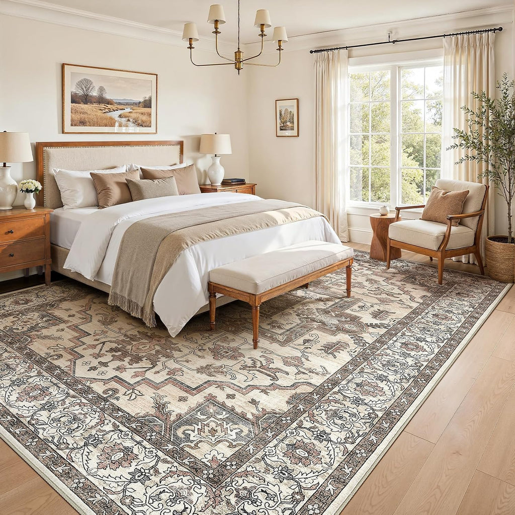 Washable 10x14 Area Rugs Living Room: Vintage Soft Brown Rug