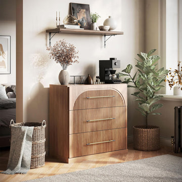 32.5" Kitchen Storage Cabinet with 3 Drawers,Freestanding Accent Cabinet with Fluted Arched Design & Gold
