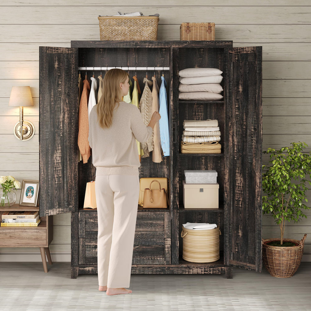 Farmhouse 3 Door Wardrobe Closet with 2 Drawers & Hanging Rod