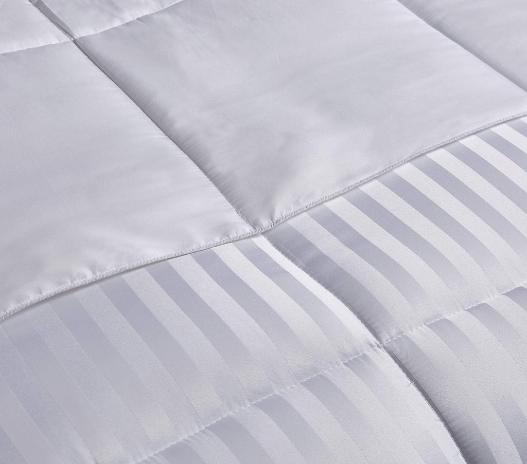 Microfiber Damask Stripe/Solid Reversible Down Alternative Comforter Set - All Season Warmth, Twin, White