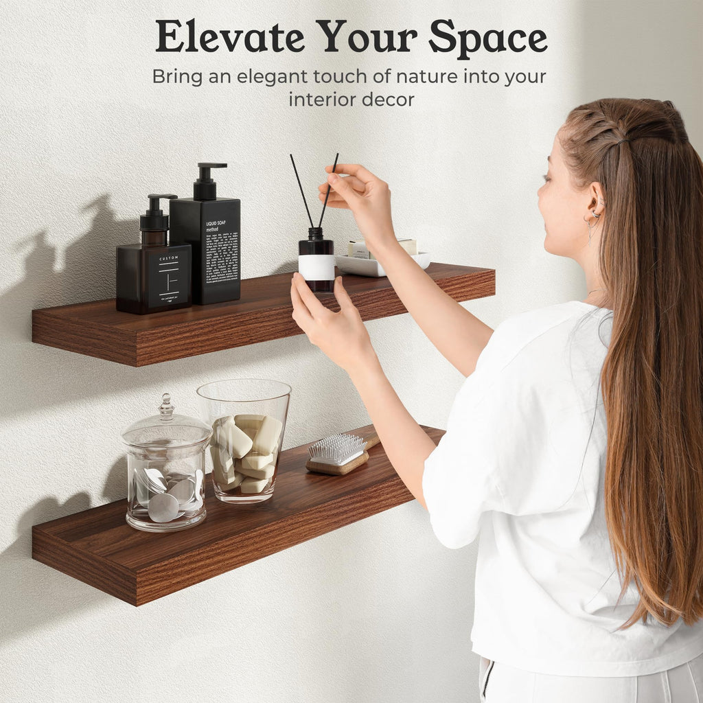48" Walnut Floating Shelves Wood Wall Shelf, Walnut Color, Set of 1