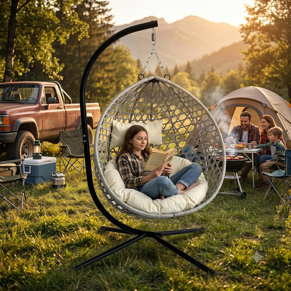 Foldable Hanging Egg Chair with Stand, Outdoor Patio Indoor Swing Chair with Cloud Cushion, Anti-Rust Heavy Duty