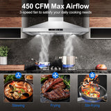 30 Inch Stainless Steel Wall Mount Range Hood 450 CFM 3 Speed Touch Control, LED Lights, Aluminum Filters, Convertible Ducted/Ductless