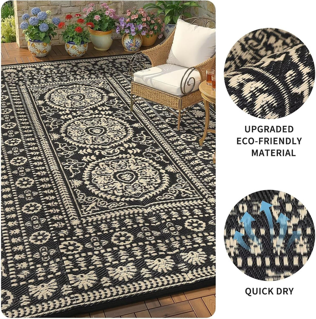 Reversible Outdoor Rug 6x9, Waterproof Outdoor Area Rug, Modern Medallion Indoor Outdoor Rugs, Plastic Straw Rug for