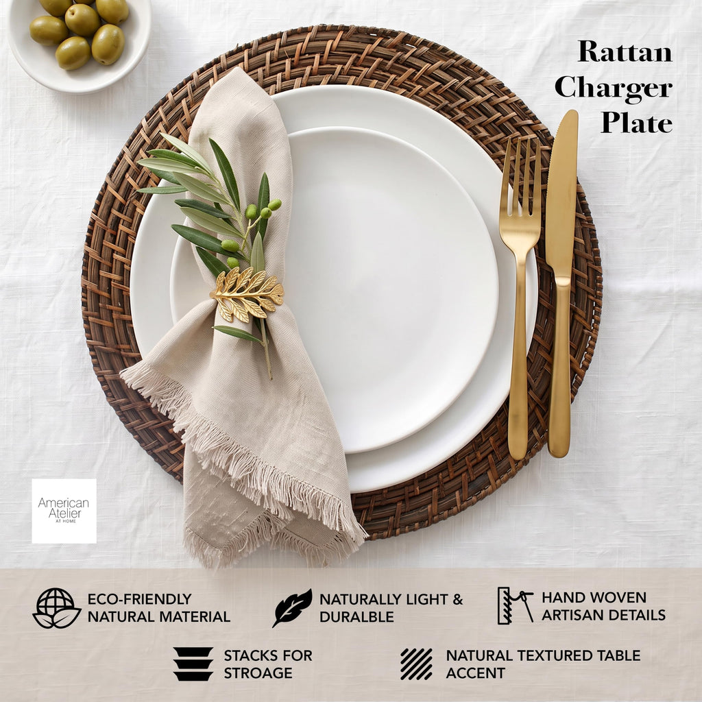 Rattan Charger Plates Hand Woven Round Brown, 13" - 8 Set