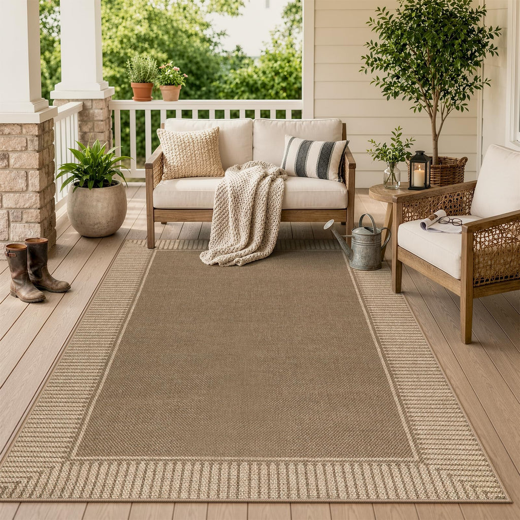 Easy Jute Indoor Outdoor Rug, Brown Striped Border Area Rug