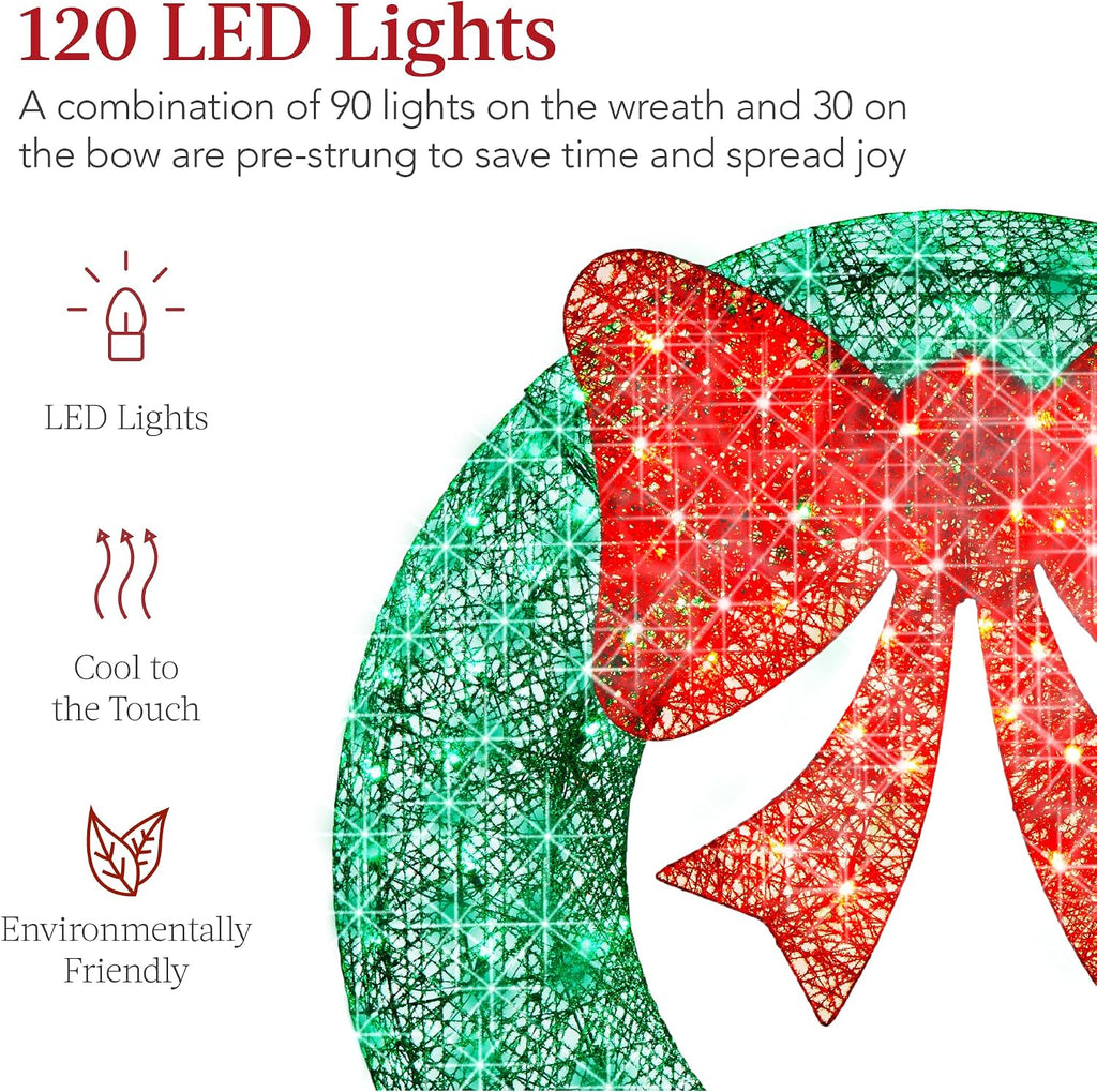 36in Pre-Lit Outdoor Christmas Wreath Decoration, LED Metal Holiday Decor w/ 120 Lights, Bow - Green/Red