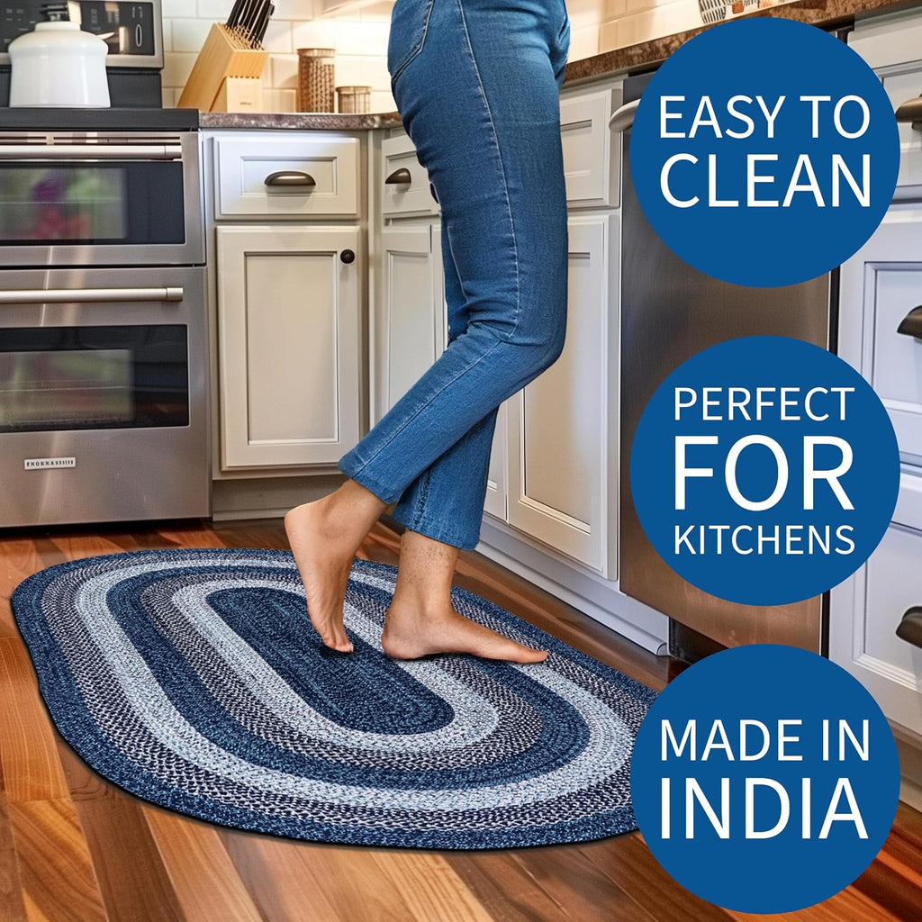 Rustic Aqua Blue/White/Black Oval Braided Rug /Foyer, Washable Outdoor Rug /Porch 3' x 5' Oval
