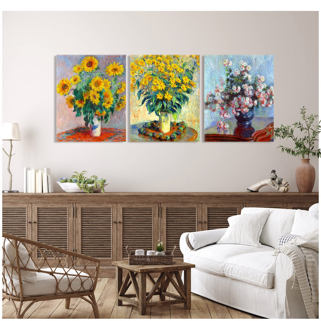 Monet (Jerusalem Artichoke Flowers, Bouquet of Sunflowers, Chrysanthemums) 3 Panel wall Art Decorations Giclee Print On