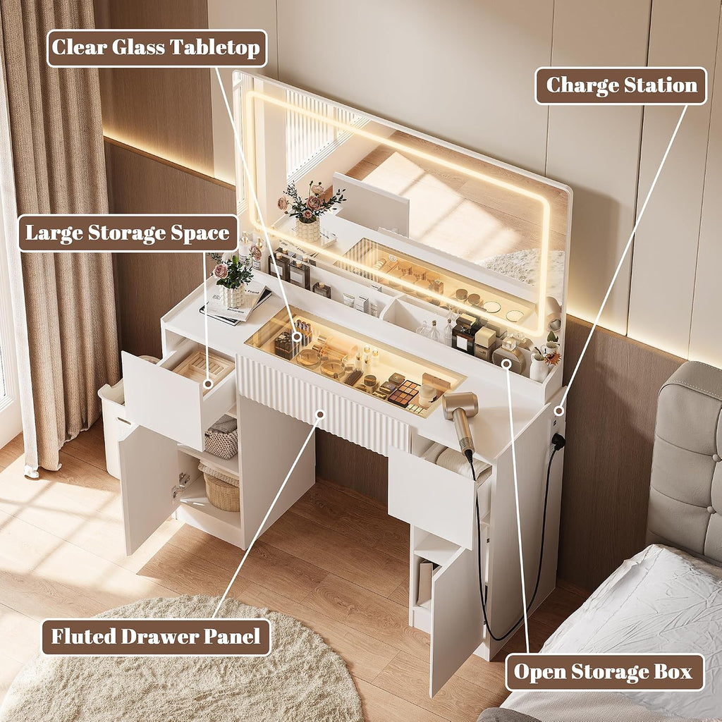 44" Vanity Desk with Large Mirror and Lights, Modern Glass Top Makeup Vanity Set with Power Outlet, 3 Drawers and 2
