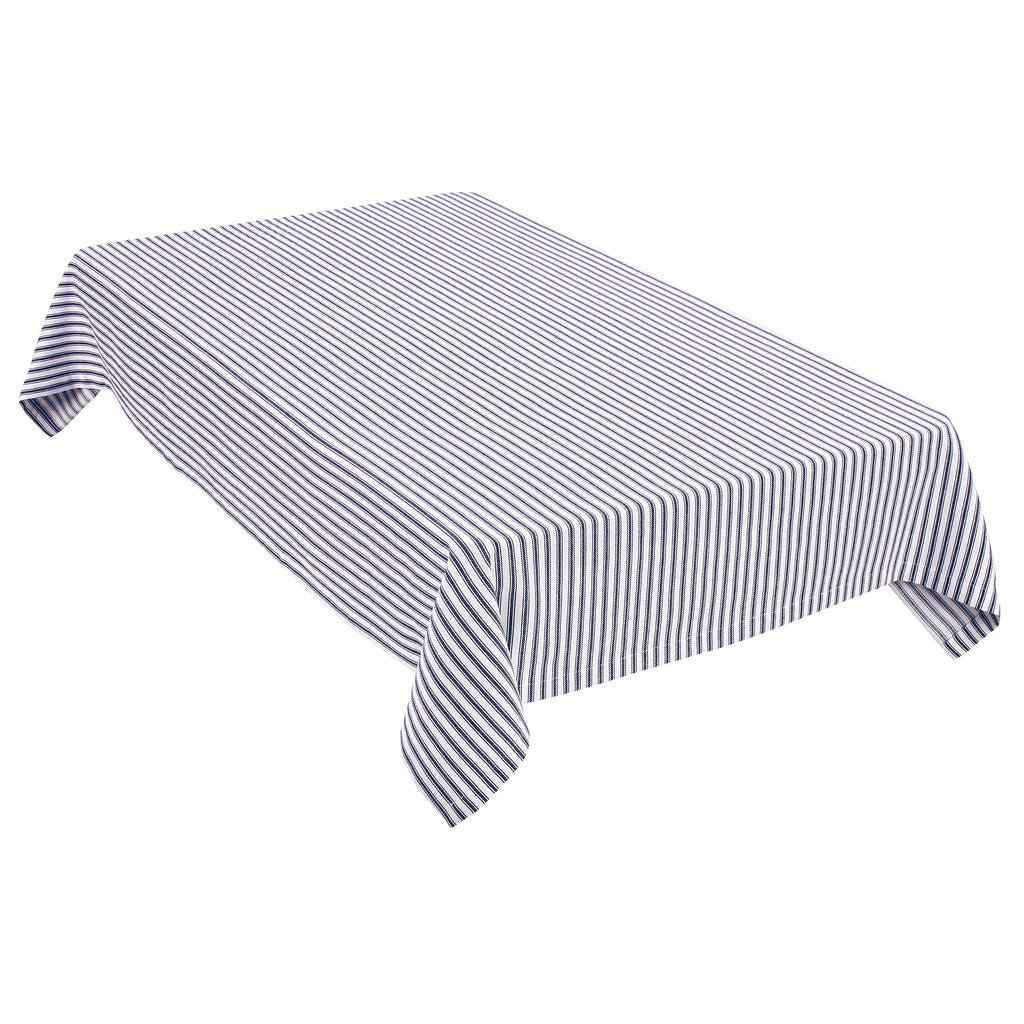 Navy Blue and White Ticking Stripe Woven Cotton Fabric Tablecloth, 60 x 102 Rectangular