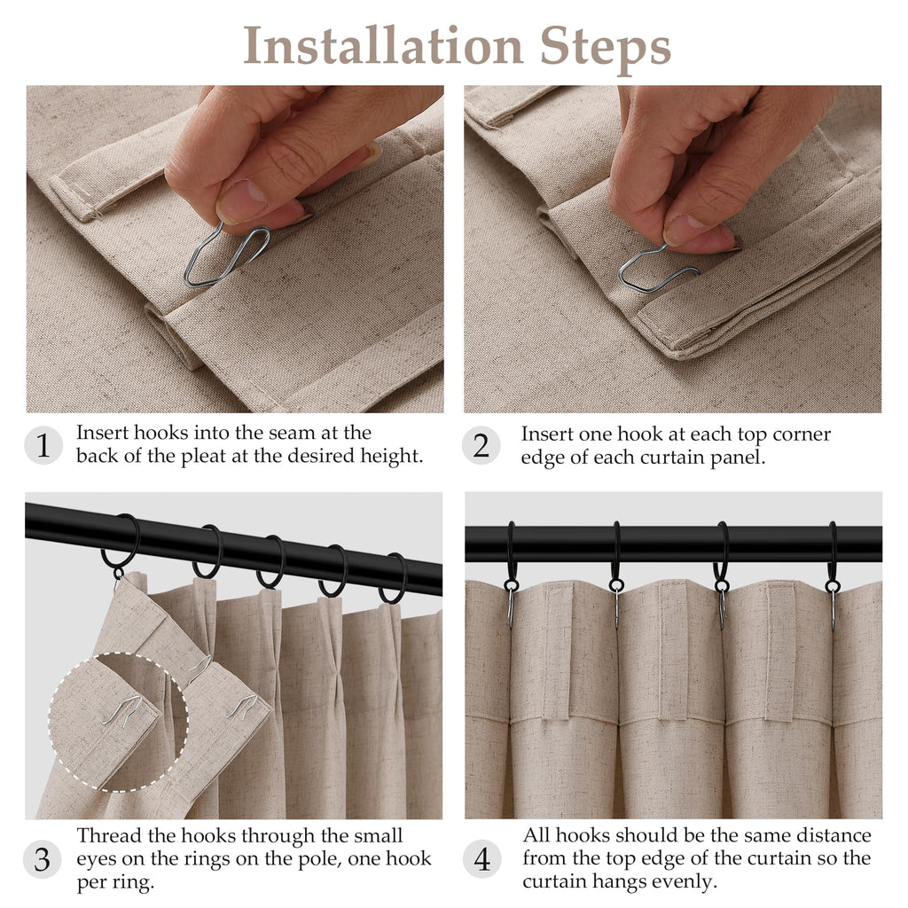 Sand Beige Pleat Linen Curtains 112 Inches Long Pinch Pleated Drape Hooks Rings Back Tab Semi Sheer Light Filtering