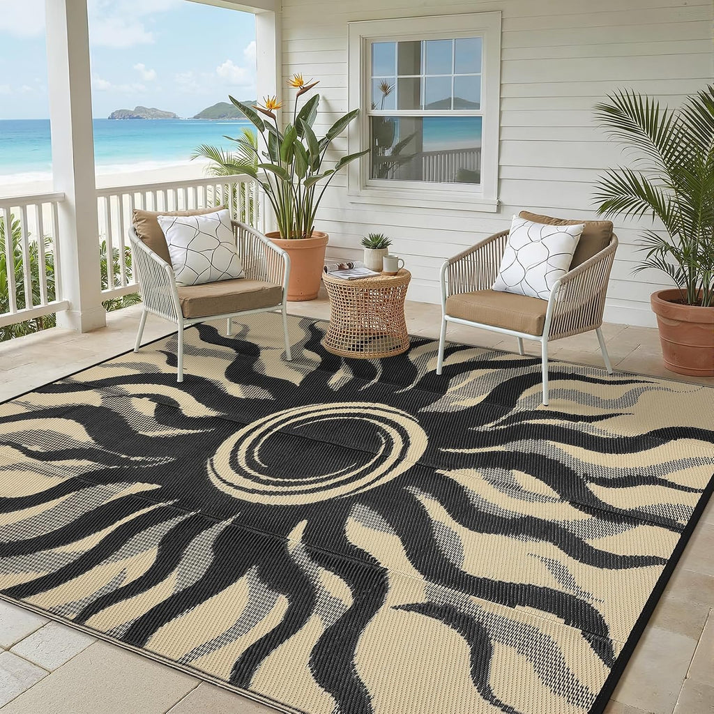 Outdoor Rug Waterproof Patio Rugs with Boho Sun Pattern, Reversible Plastic Straw Camping Rugs Outdoor Indoor RV