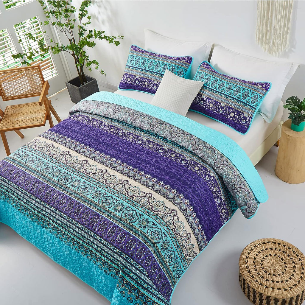 Boho Queen Quilt Set, Blue Bohemian Queen Quilt Bedding Set, Lightweight Microfiber Bed Decor Bedspread for All
