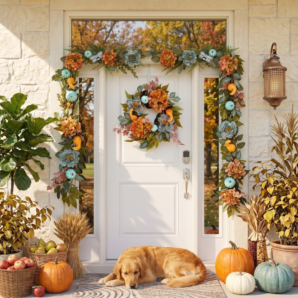 DecorbyHannah 18'' Fall Wreath for Front Door with Lights & Peony Hydrangea