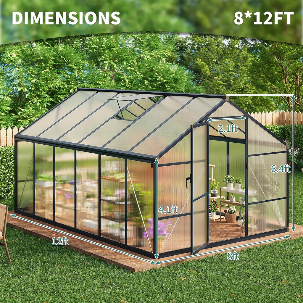 8x12ft Walk-in Greenhouse, Heavy Duty Large Outdoor Green House | Polycarbonate Garden Greenhouse with Roof Vent