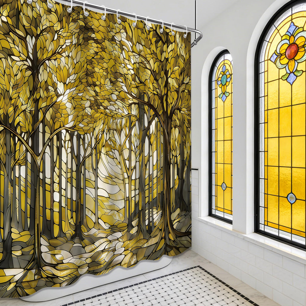 Yellow and Gray Stained Glass Mustard Yellow and Grey Farmhouse Garden Shower Curtains for Botanical Bathroom Decor