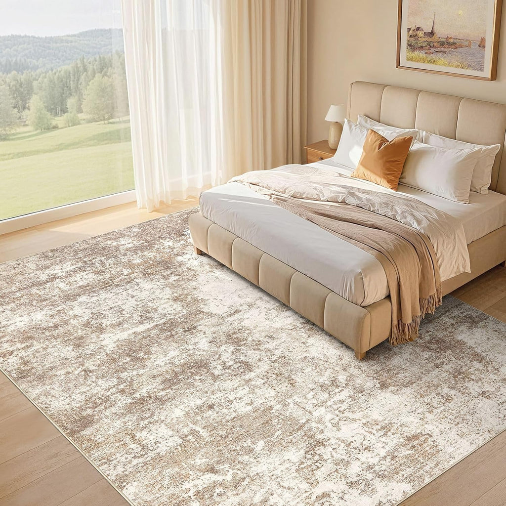 Area Rug Living Room - 9X12 Abstract Washable Large Soft Foldable Non Slip Rug Neutral Modern Low Pile Carpet