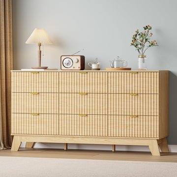 Oak Dresser 9 Drawer Dresser, 57''Wide Fluted Wooden Dresser Storage Cabinet and Chest of Drawers with Metal Handle