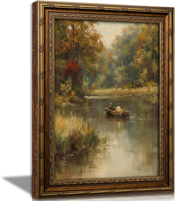 Vintage Gold Framed Autumn Lake Landscape Wall Art, Rustic Farmhouse Canvas