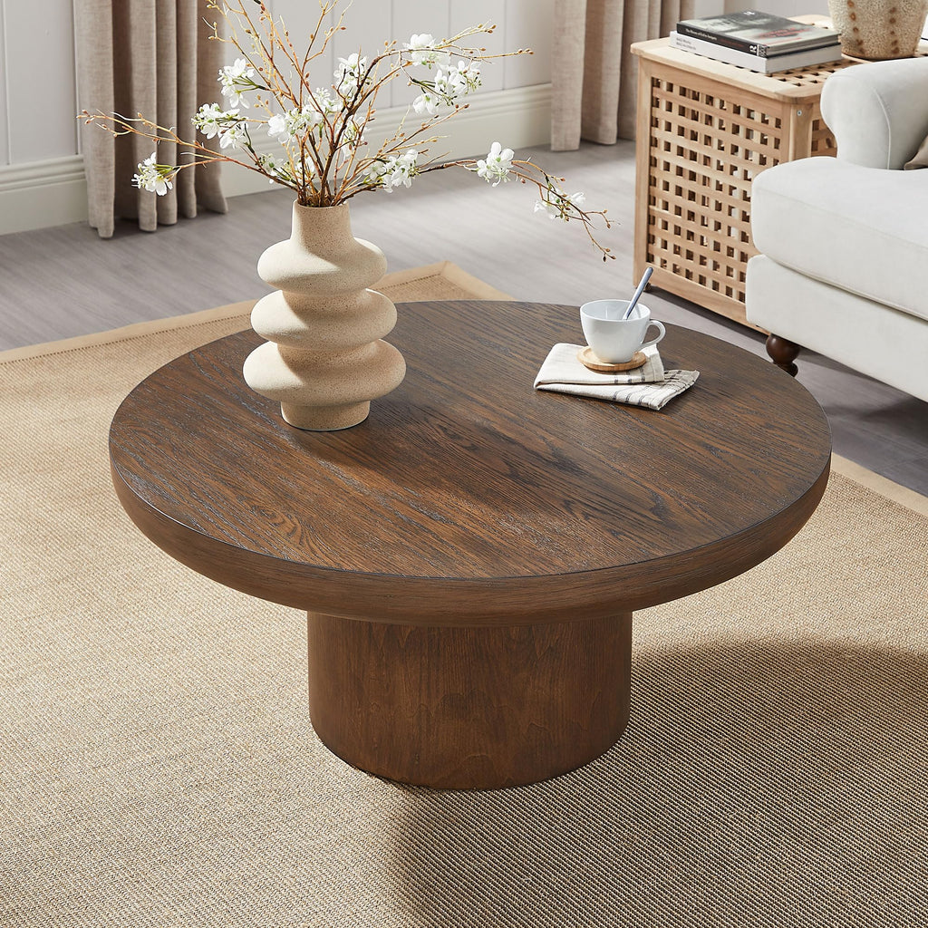 35.98'' Round Coffee Table Circle Wood Coffee Table, Modern Retro Style Pedestal Style, Easy Assembly, Dark Brown
