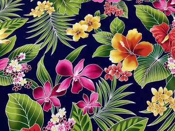 Deep Purple Background Tropical Flowers Hawaiian Print Fabric 100% Cotton Sold by The Yard