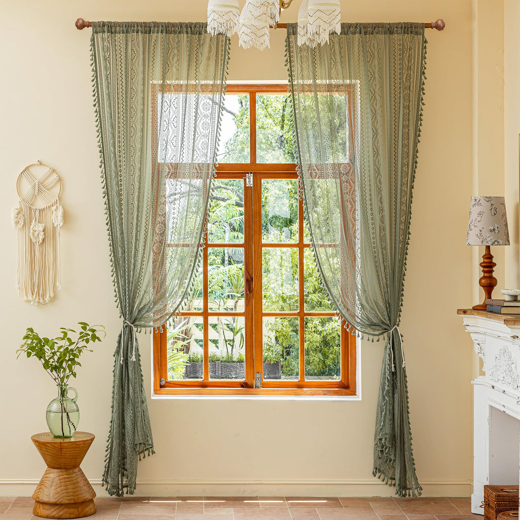 Sage Green Boho Lace Curtains with Tassel 90 Inch Length 2 Panels Vintage Floral Bohemian Crochet Geometry Striped