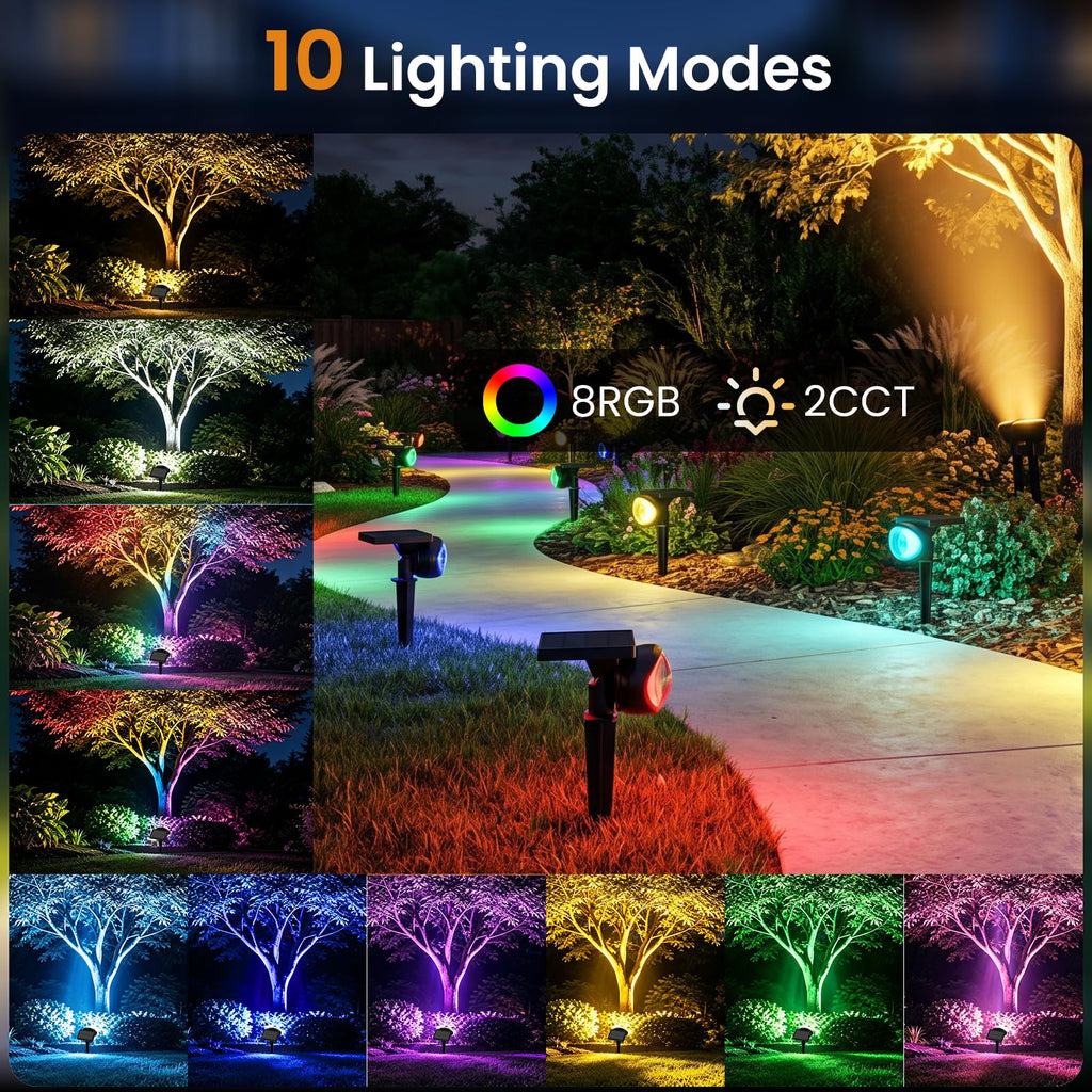 IP67 Solar Lights Outdoor Waterproof, 2CCT & RGB Landscape Lights, 4 Pack