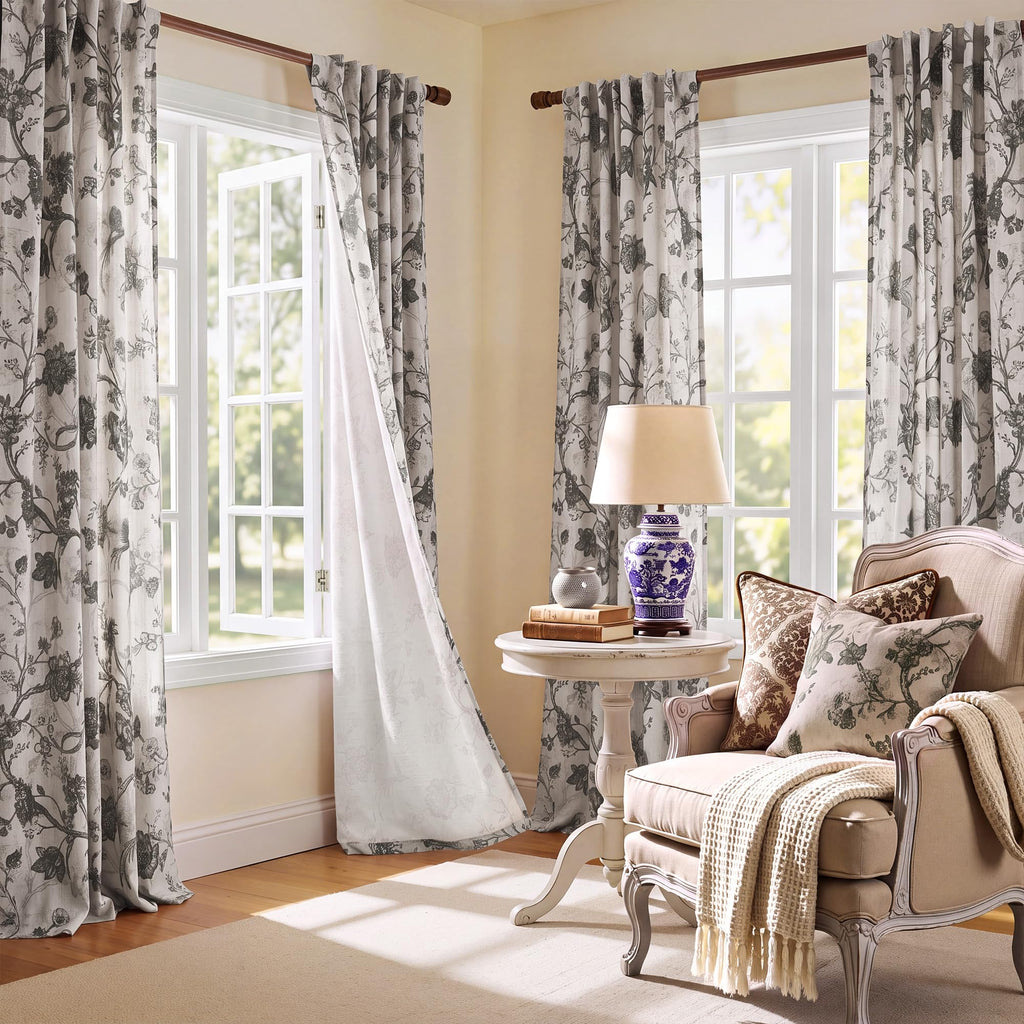 Grey Toile Linen Floral Curtains 52Wx84 Inch Long