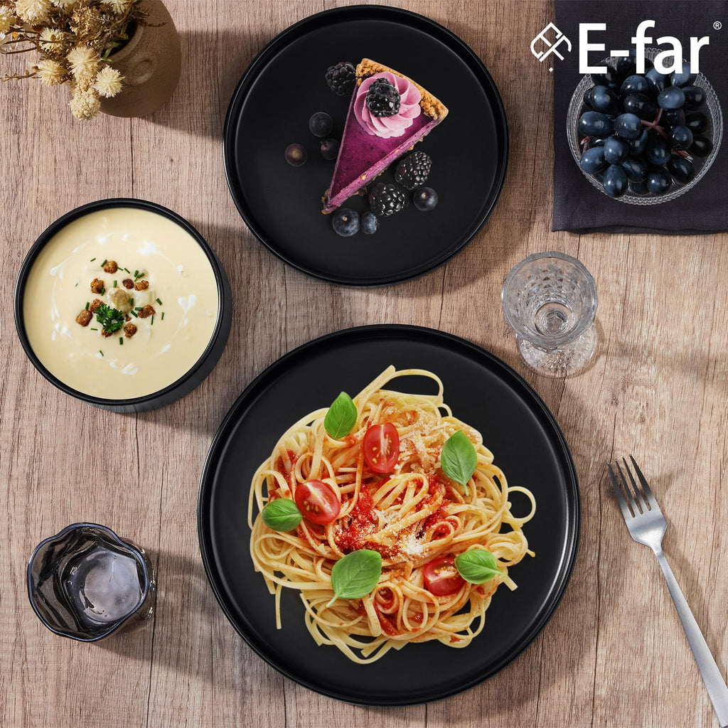 Black Dinnerware Sets for 8, 24-Piece Stoneware Plates and Bowls Sets