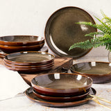 Edwina 16-Piece Double Bowl Dinnerware Set, Service for 4 - Dark Green Stoneware Plates and Bowls