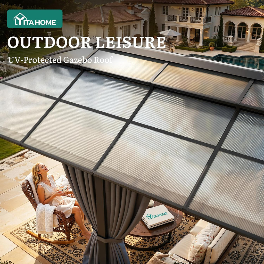 12x20FT Gazebo Polycarbonate Hardtop Double Roof Canopy Outdoor with Netting and Shaded Curtains
