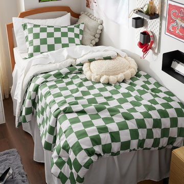 / Comforter Set - Extra Long Comforter Set, Checkered Dorm Bedding for Boys, 2 Pieces, 1 Soft Green