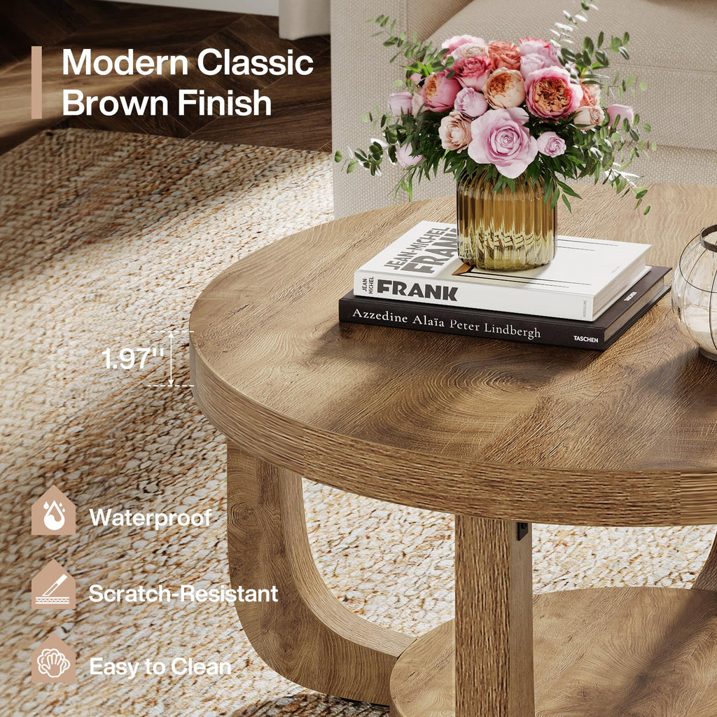 Round Coffee Table, 2-Tier Circle Coffee Table with Storage, Modern Wooden Accent Center Table, Thick Tabletop &