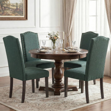 Fabric Dining Chair Upholstered Parsons Kitchen Chair with Copper Nails and Solid Wood Legs, Restaurant (Green, 4PCS)