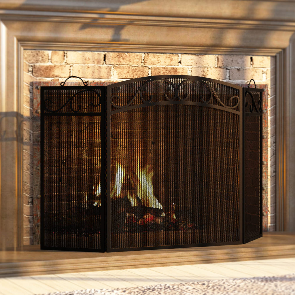 3 Panel Wrought Iron Fireplace Screen, Black Spark Guard